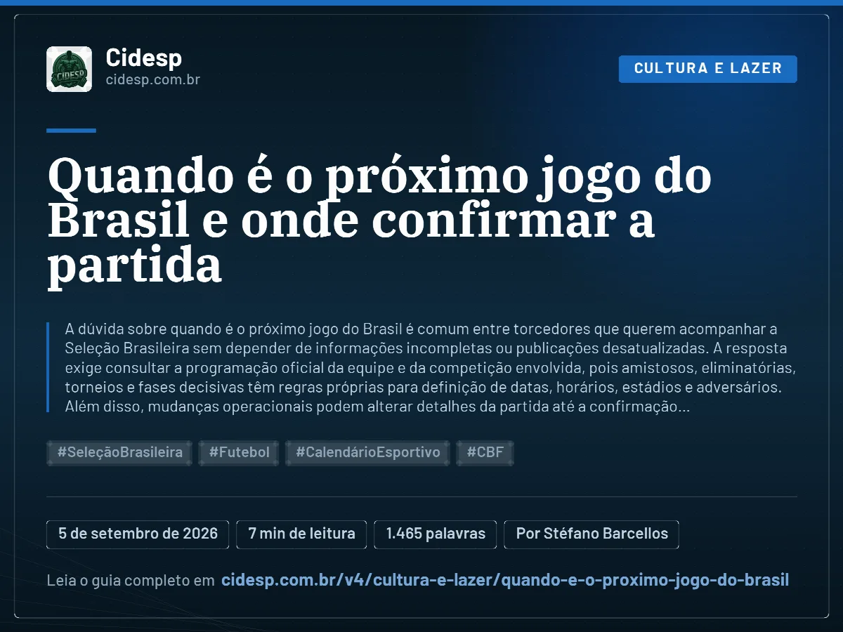 Cartão do artigo “Quando é o próximo jogo do Brasil e onde confirmar a partida”, com resumo, data de publicação e endereço da página.