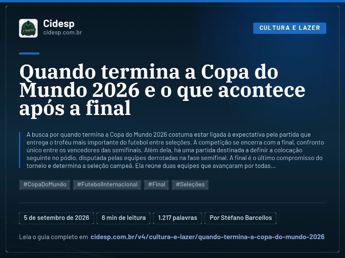 Cartão do artigo “Quando termina a Copa do Mundo 2026 e o que acontece após a final”, com resumo, data de publicação e endereço da página.