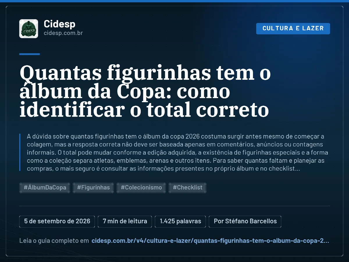 Cartão do artigo “Quantas figurinhas tem o álbum da Copa: como identificar o total correto”, com resumo, data de publicação e endereço da página.