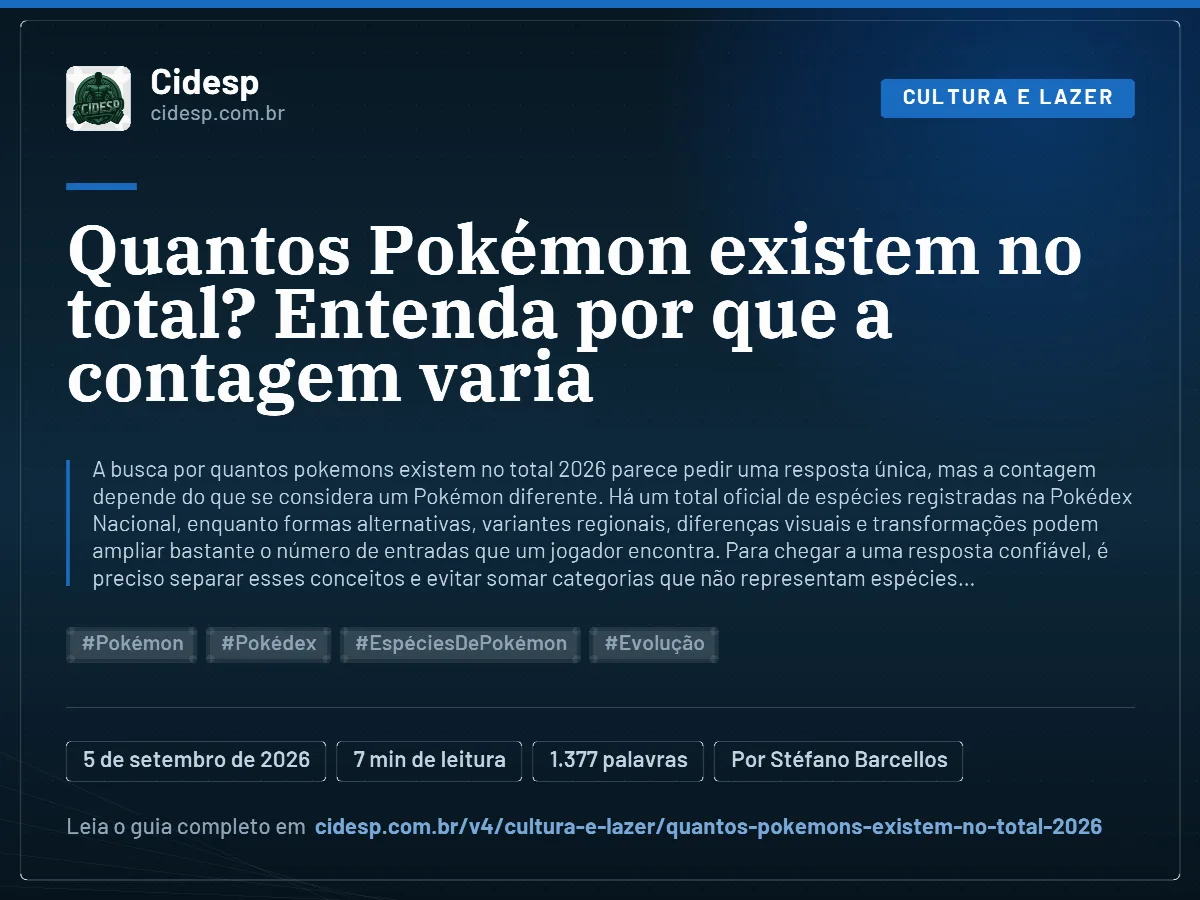 Cartão do artigo “Quantos Pokémon existem no total? Entenda por que a contagem varia”, com resumo, data de publicação e endereço da página.