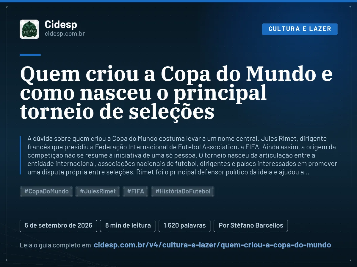 Cartão do artigo “Quem criou a Copa do Mundo e como nasceu o principal torneio de seleções”, com resumo, data de publicação e endereço da página.