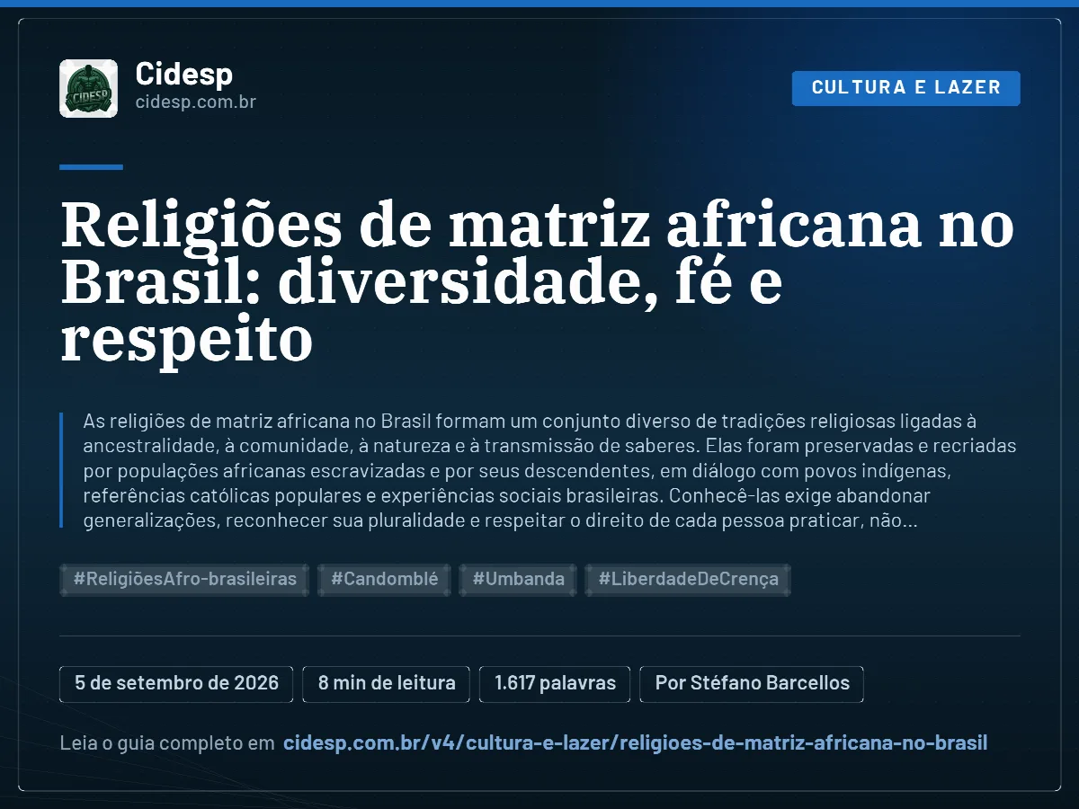 Cartão do artigo “Religiões de matriz africana no Brasil: diversidade, fé e respeito”, com resumo, data de publicação e endereço da página.