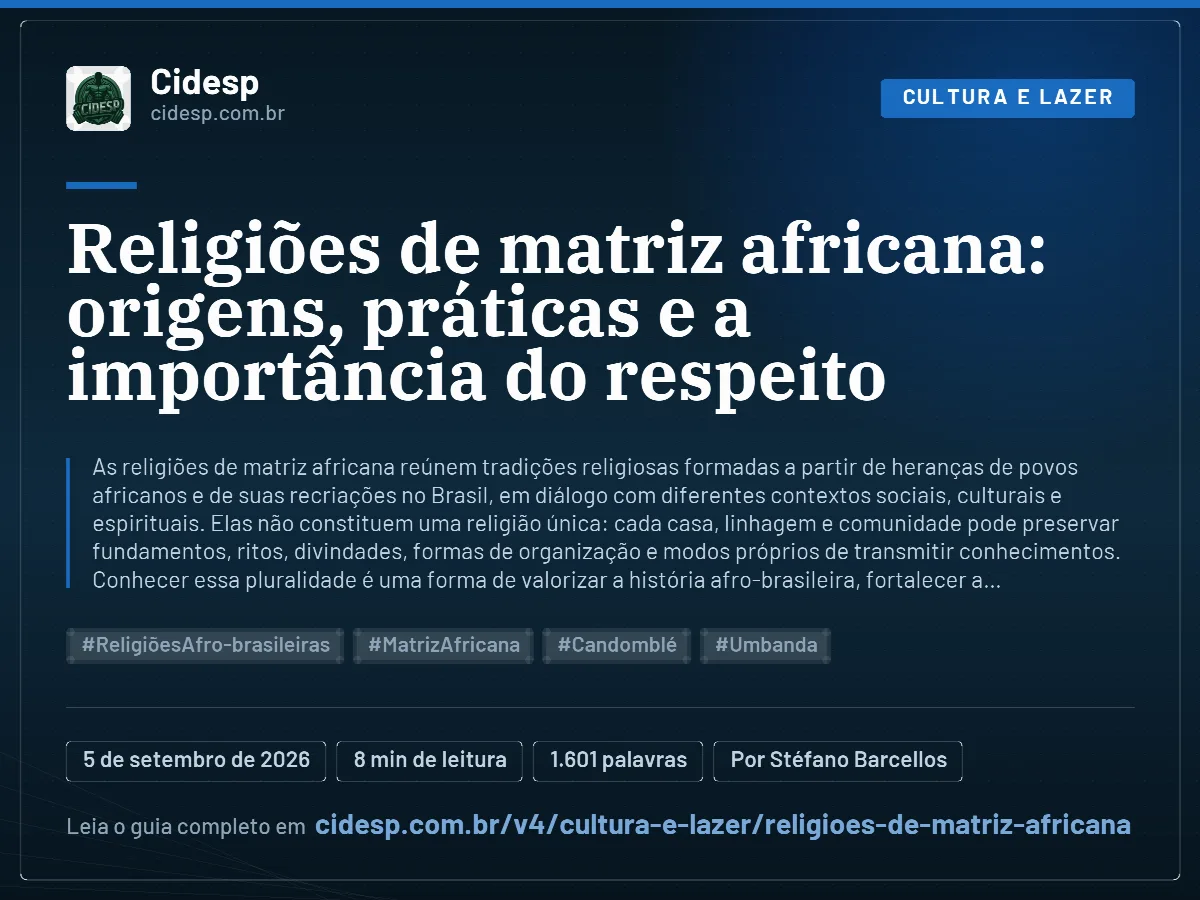 Cartão do artigo “Religiões de matriz africana: origens, práticas e a importância do respeito”, com resumo, data de publicação e endereço da página.
