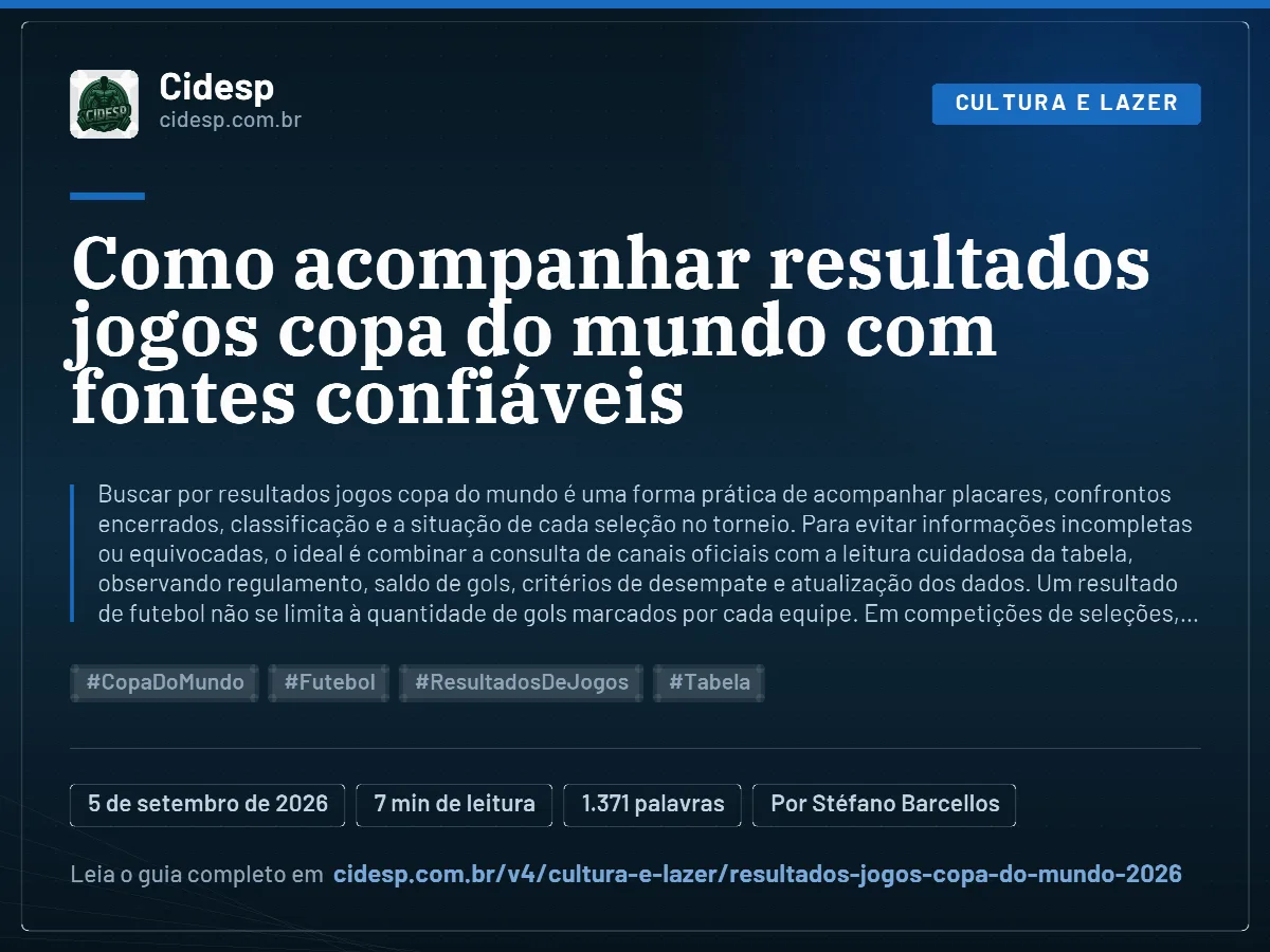 Cartão do artigo “Como acompanhar resultados jogos copa do mundo com fontes confiáveis”, com resumo, data de publicação e endereço da página.