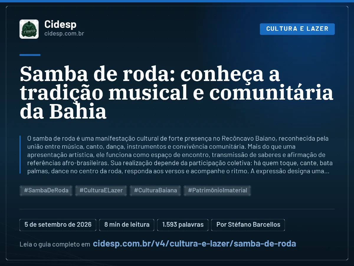 Cartão do artigo “Samba de roda: conheça a tradição musical e comunitária da Bahia”, com resumo, data de publicação e endereço da página.