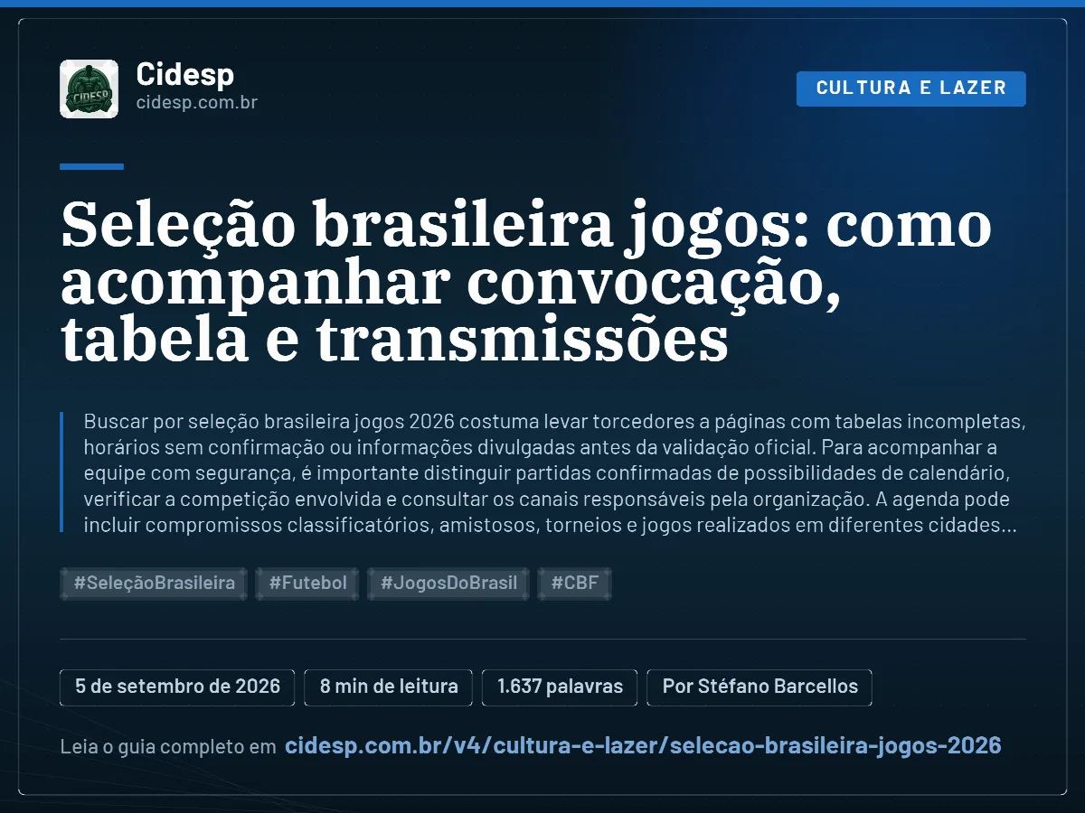 Cartão do artigo “Seleção brasileira jogos: como acompanhar convocação, tabela e transmissões”, com resumo, data de publicação e endereço da página.