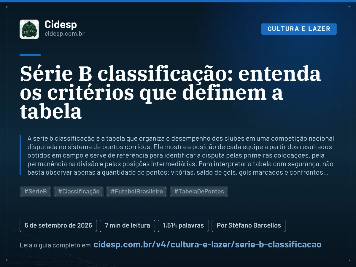 Cartão do artigo “Série B classificação: entenda os critérios que definem a tabela”, com resumo, data de publicação e endereço da página.