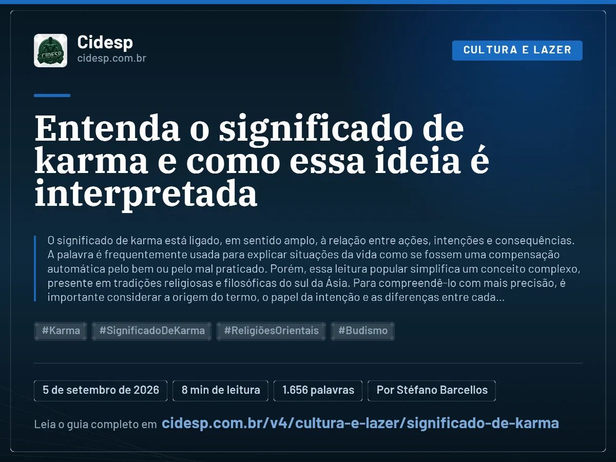Cartão do artigo “Entenda o significado de karma e como essa ideia é interpretada”, com resumo, data de publicação e endereço da página.