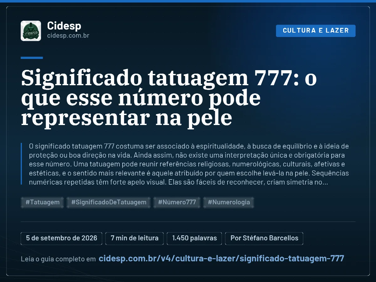 Cartão do artigo “Significado tatuagem 777: o que esse número pode representar na pele”, com resumo, data de publicação e endereço da página.