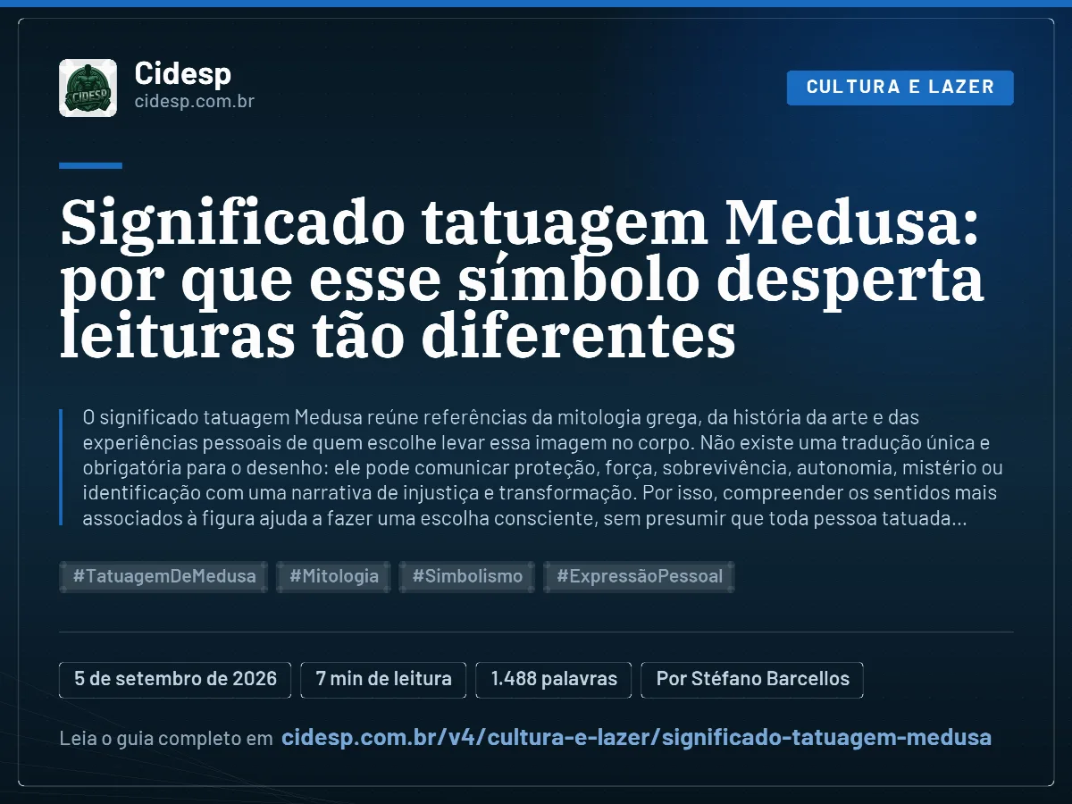 Cartão do artigo “Significado tatuagem Medusa: por que esse símbolo desperta leituras tão diferentes”, com resumo, data de publicação e endereço da página.
