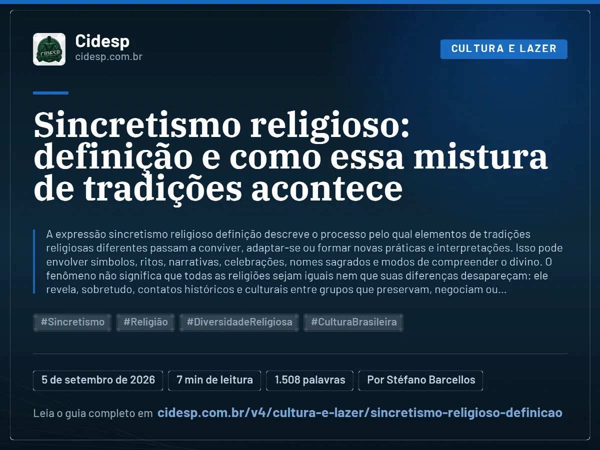 Cartão do artigo “Sincretismo religioso: definição e como essa mistura de tradições acontece”, com resumo, data de publicação e endereço da página.