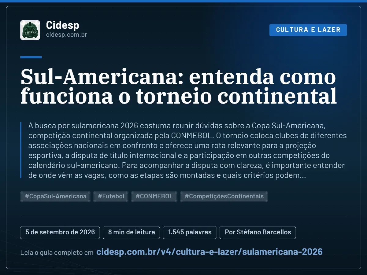 Cartão do artigo “Sul-Americana: entenda como funciona o torneio continental”, com resumo, data de publicação e endereço da página.