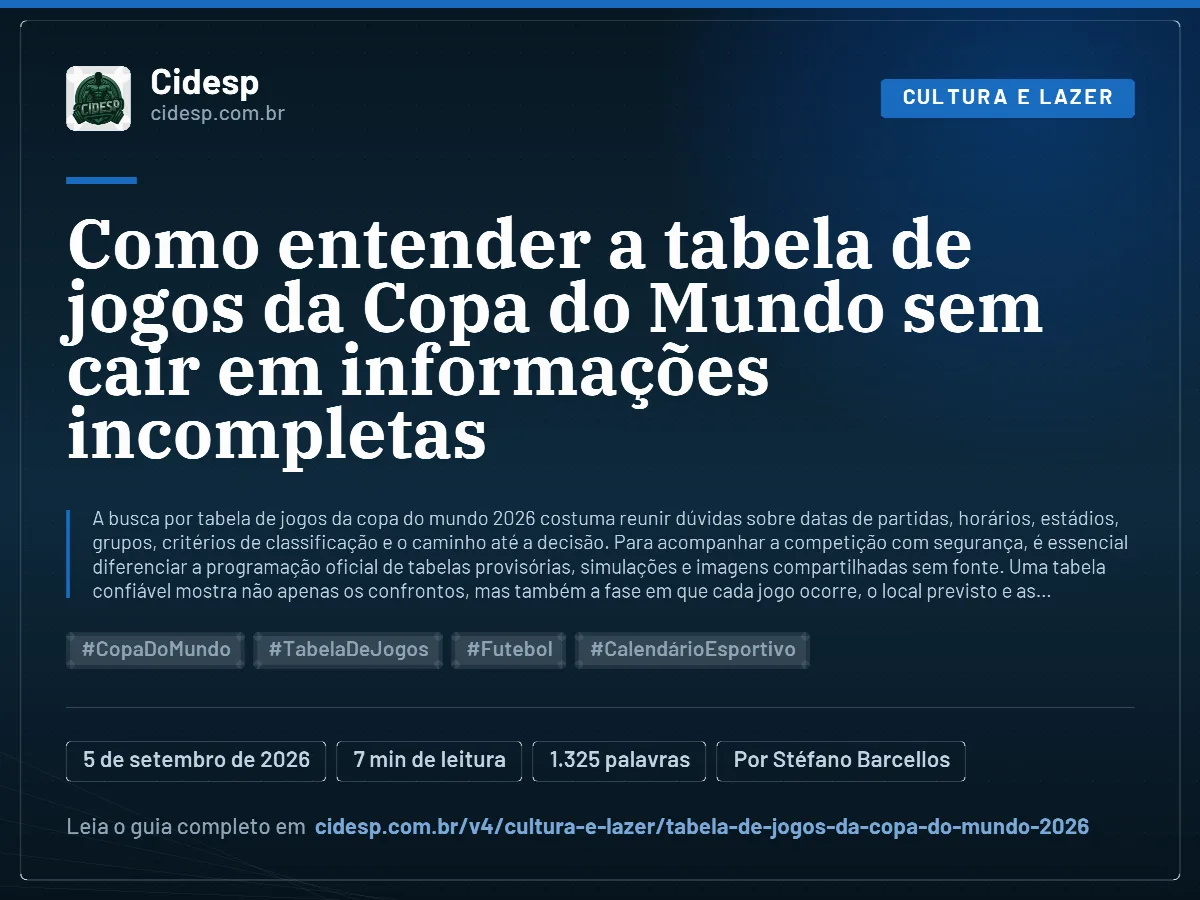 Cartão do artigo “Como entender a tabela de jogos da Copa do Mundo sem cair em informações incompletas”, com resumo, data de publicação e endereço da página.