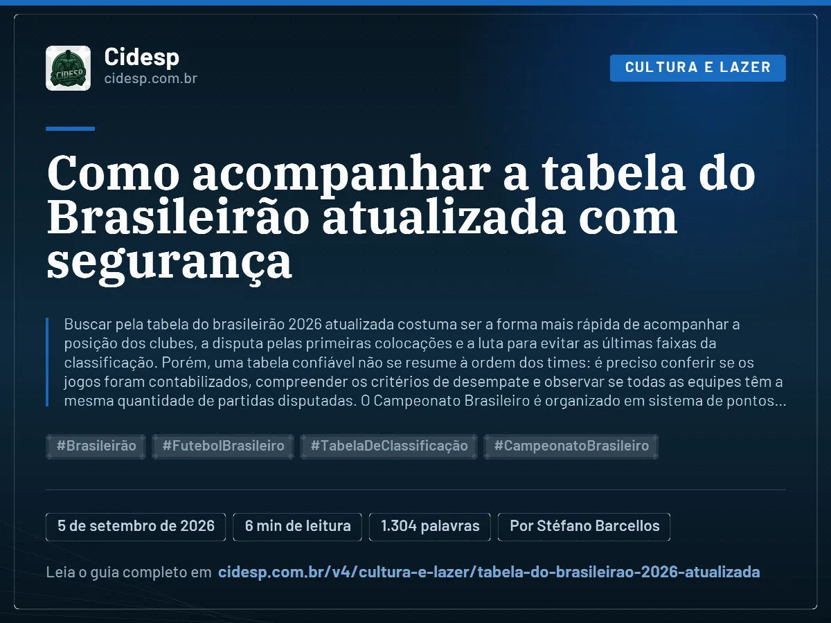 Cartão do artigo “Como acompanhar a tabela do Brasileirão atualizada com segurança”, com resumo, data de publicação e endereço da página.