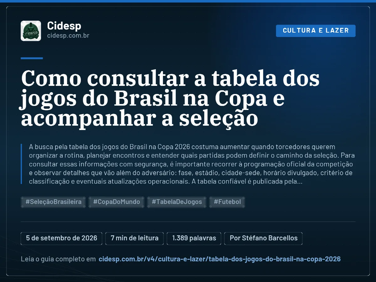 Cartão do artigo “Como consultar a tabela dos jogos do Brasil na Copa e acompanhar a seleção”, com resumo, data de publicação e endereço da página.