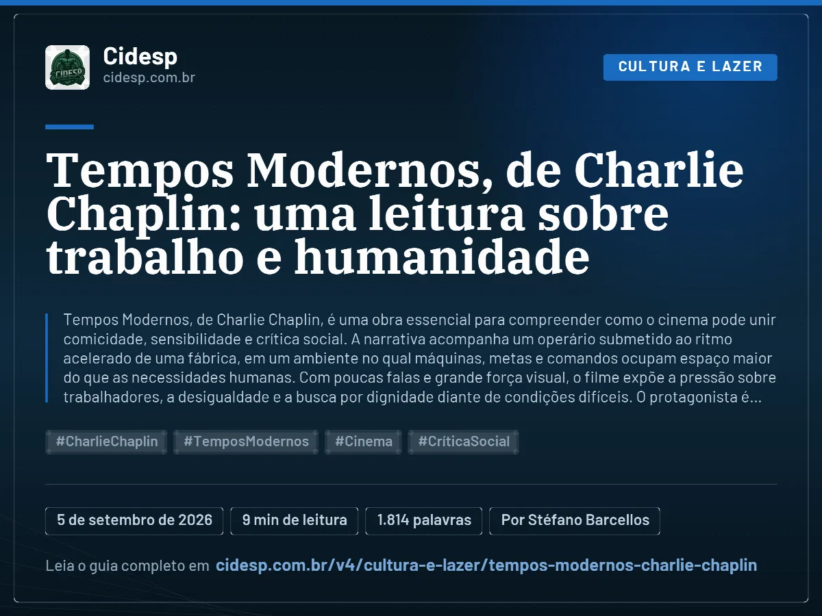 Cartão do artigo “Tempos Modernos, de Charlie Chaplin: uma leitura sobre trabalho e humanidade”, com resumo, data de publicação e endereço da página.