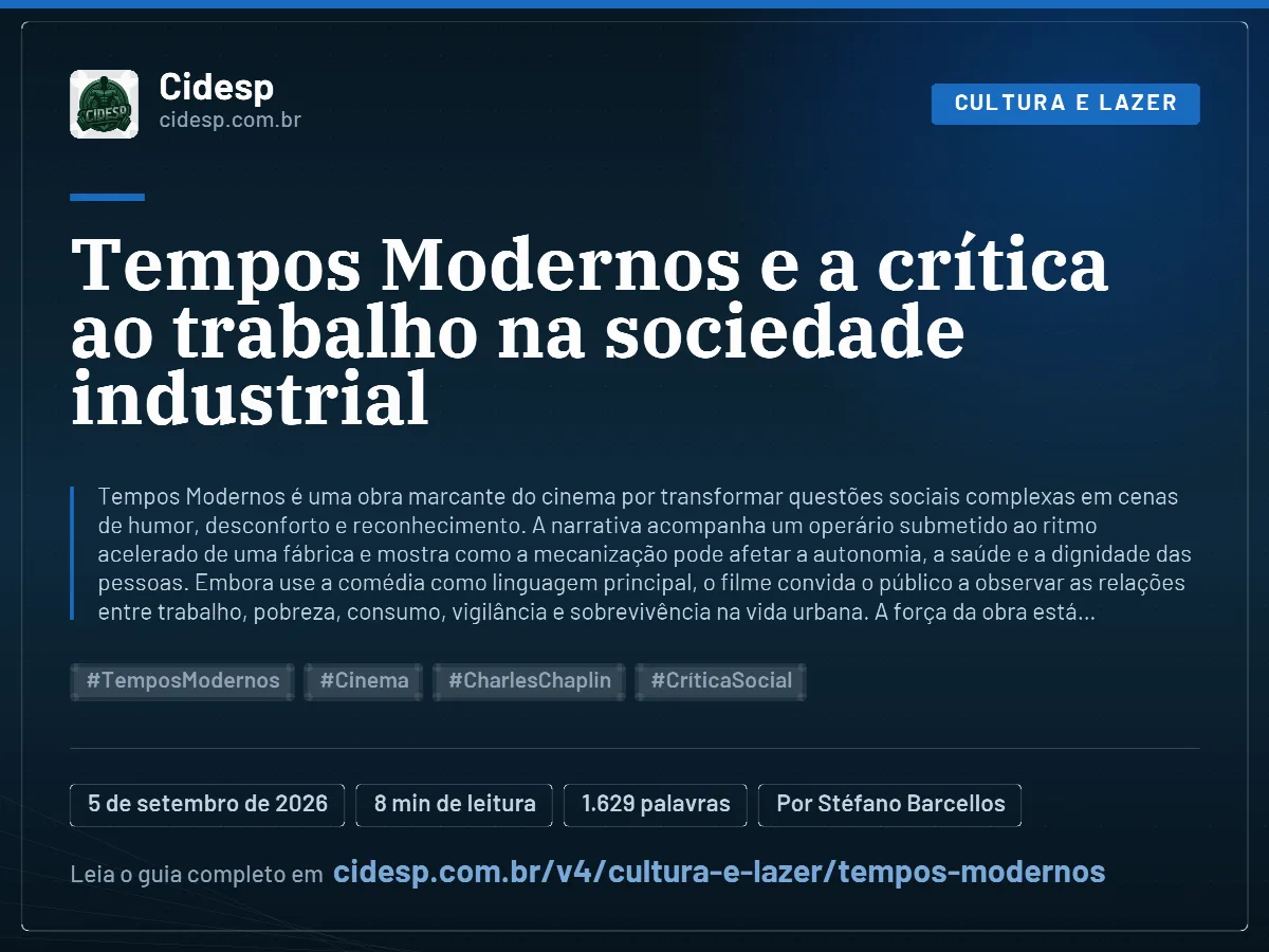 Cartão do artigo “Tempos Modernos e a crítica ao trabalho na sociedade industrial”, com resumo, data de publicação e endereço da página.