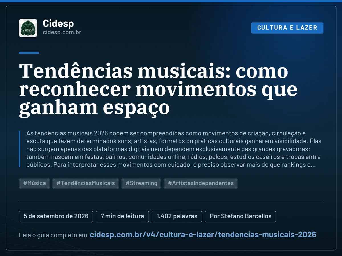 Cartão do artigo “Tendências musicais: como reconhecer movimentos que ganham espaço”, com resumo, data de publicação e endereço da página.