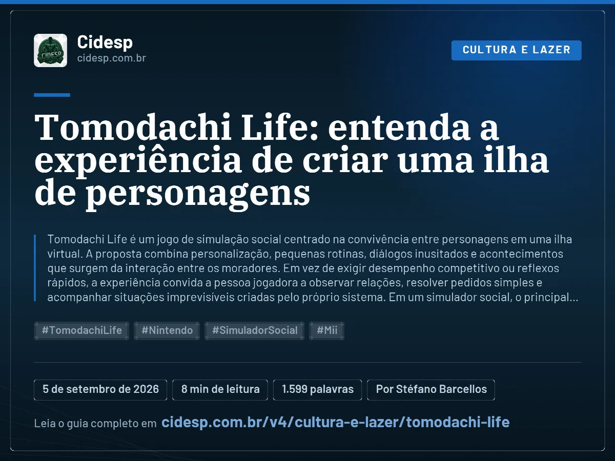 Cartão do artigo “Tomodachi Life: entenda a experiência de criar uma ilha de personagens”, com resumo, data de publicação e endereço da página.