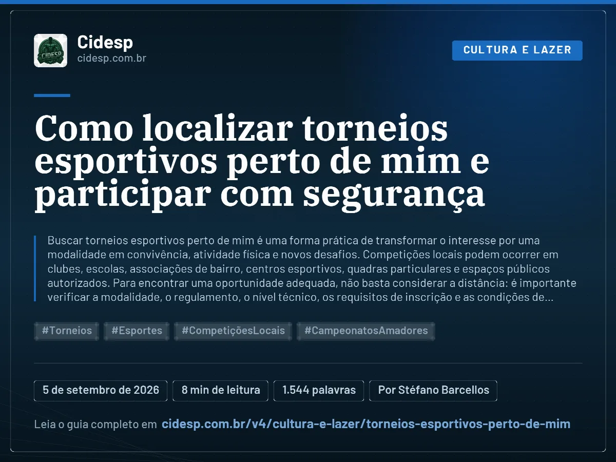 Cartão do artigo “Como localizar torneios esportivos perto de mim e participar com segurança”, com resumo, data de publicação e endereço da página.