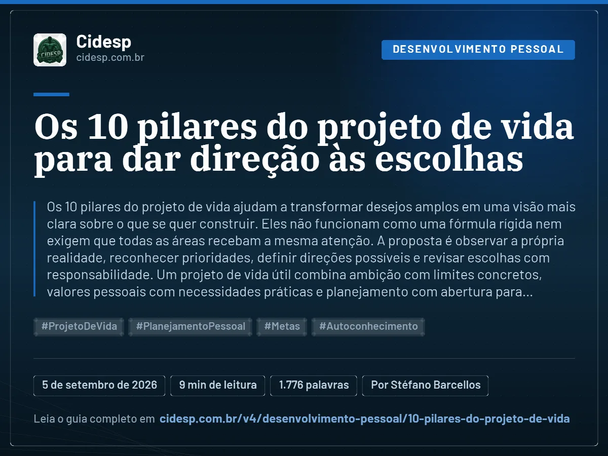 Cartão do artigo “Os 10 pilares do projeto de vida para dar direção às escolhas”, com resumo, data de publicação e endereço da página.