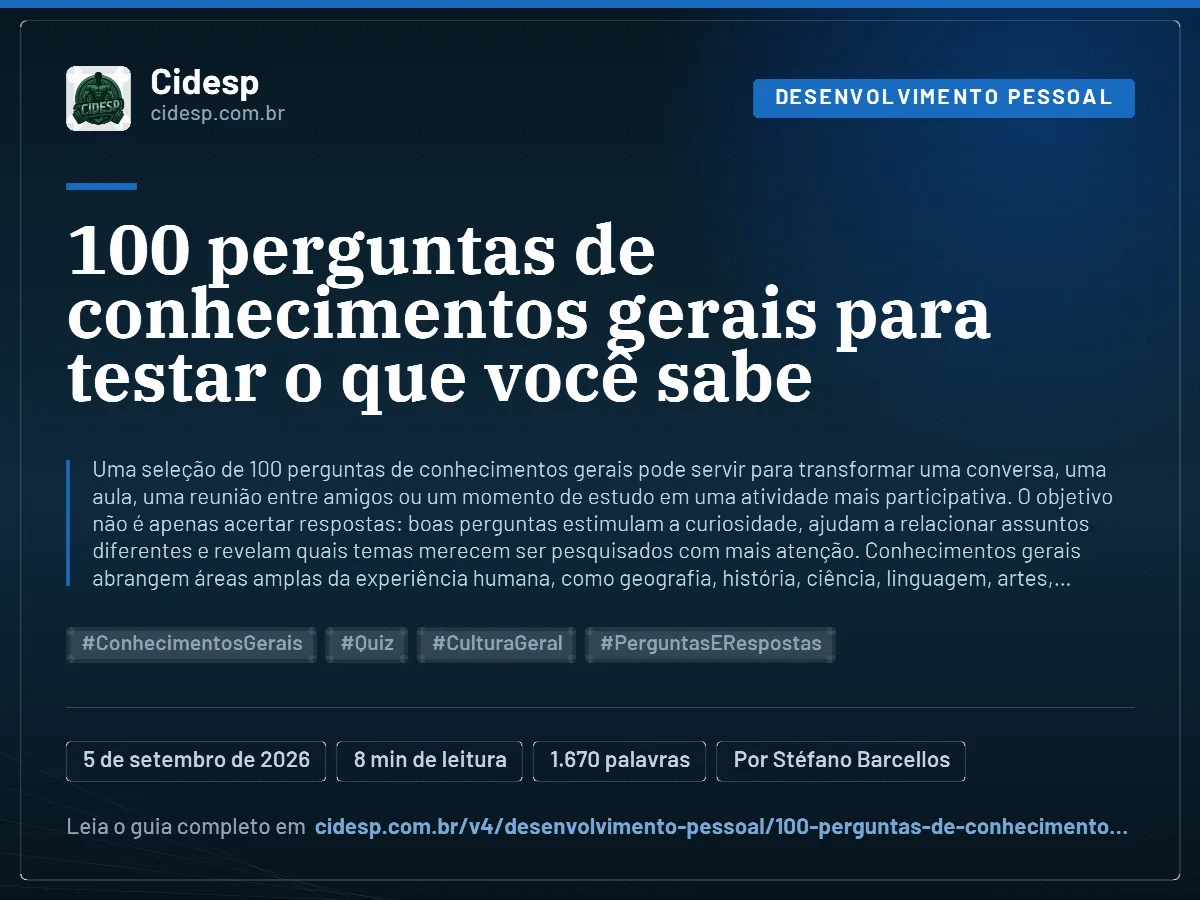 Cartão do artigo “100 perguntas de conhecimentos gerais para testar o que você sabe”, com resumo, data de publicação e endereço da página.