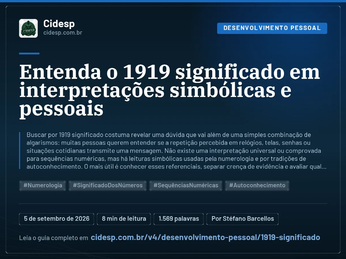 Cartão do artigo “Entenda o 1919 significado em interpretações simbólicas e pessoais”, com resumo, data de publicação e endereço da página.