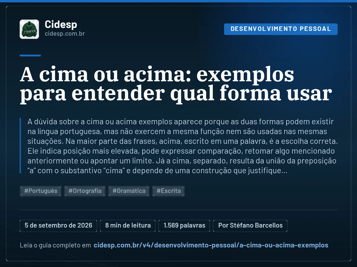 Cartão do artigo “A cima ou acima: exemplos para entender qual forma usar”, com resumo, data de publicação e endereço da página.