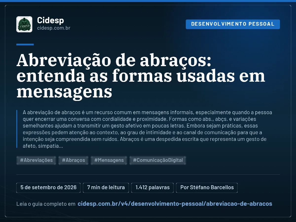 Cartão do artigo “Abreviação de abraços: entenda as formas usadas em mensagens”, com resumo, data de publicação e endereço da página.