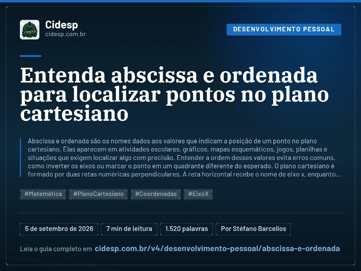 Cartão do artigo “Entenda abscissa e ordenada para localizar pontos no plano cartesiano”, com resumo, data de publicação e endereço da página.