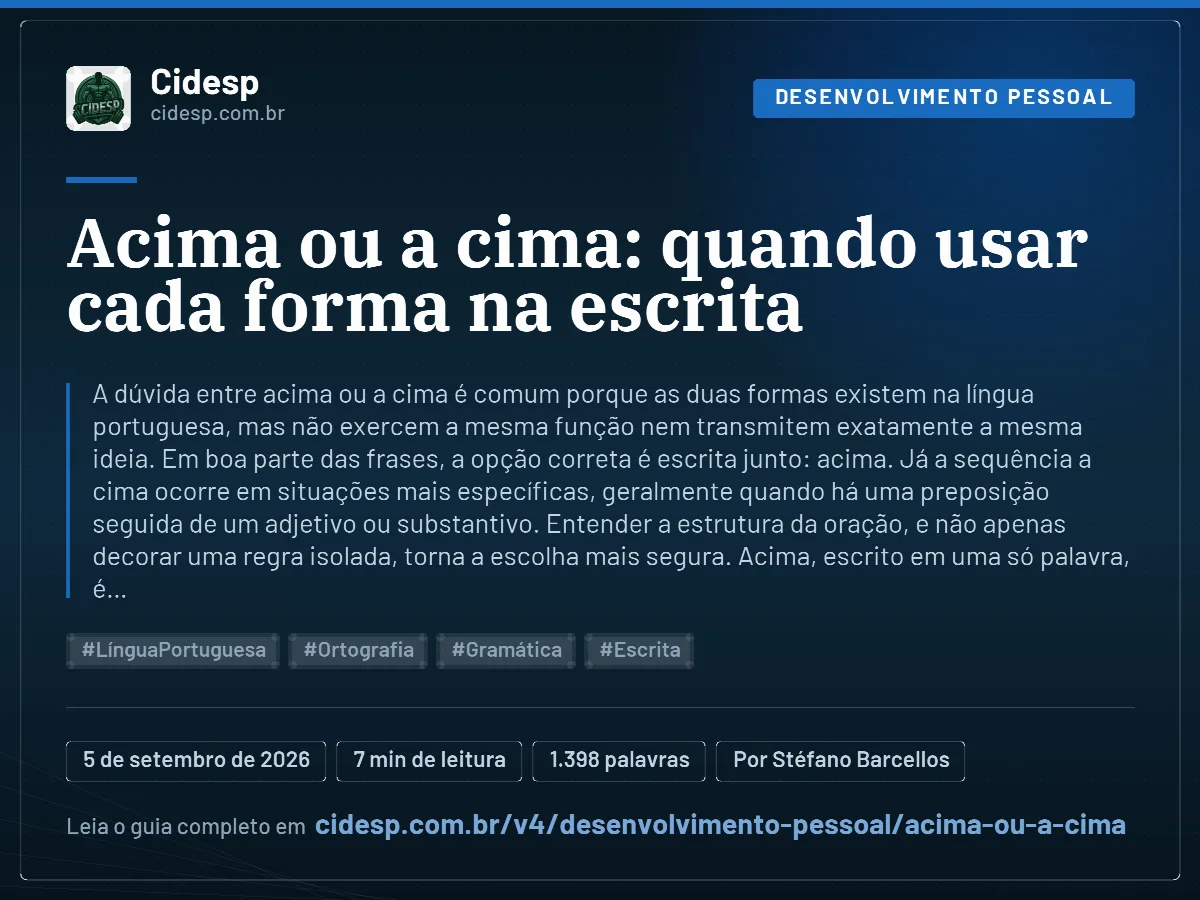 Cartão do artigo “Acima ou a cima: quando usar cada forma na escrita”, com resumo, data de publicação e endereço da página.