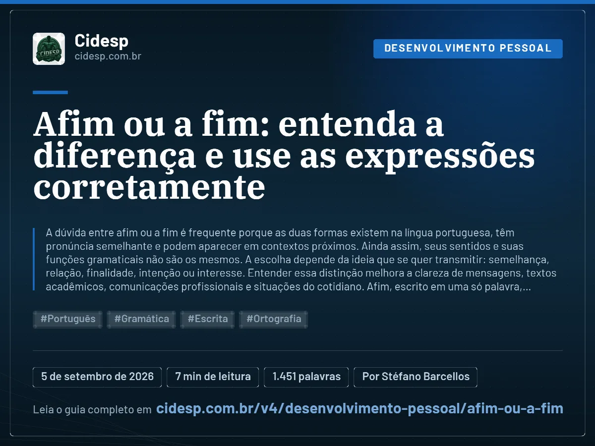 Cartão do artigo “Afim ou a fim: entenda a diferença e use as expressões corretamente”, com resumo, data de publicação e endereço da página.