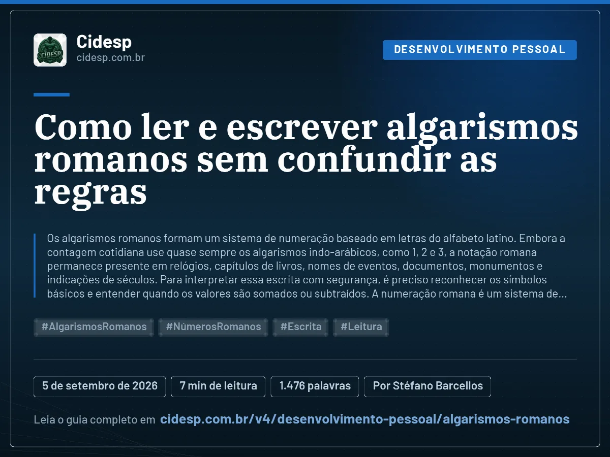 Cartão do artigo “Como ler e escrever algarismos romanos sem confundir as regras”, com resumo, data de publicação e endereço da página.
