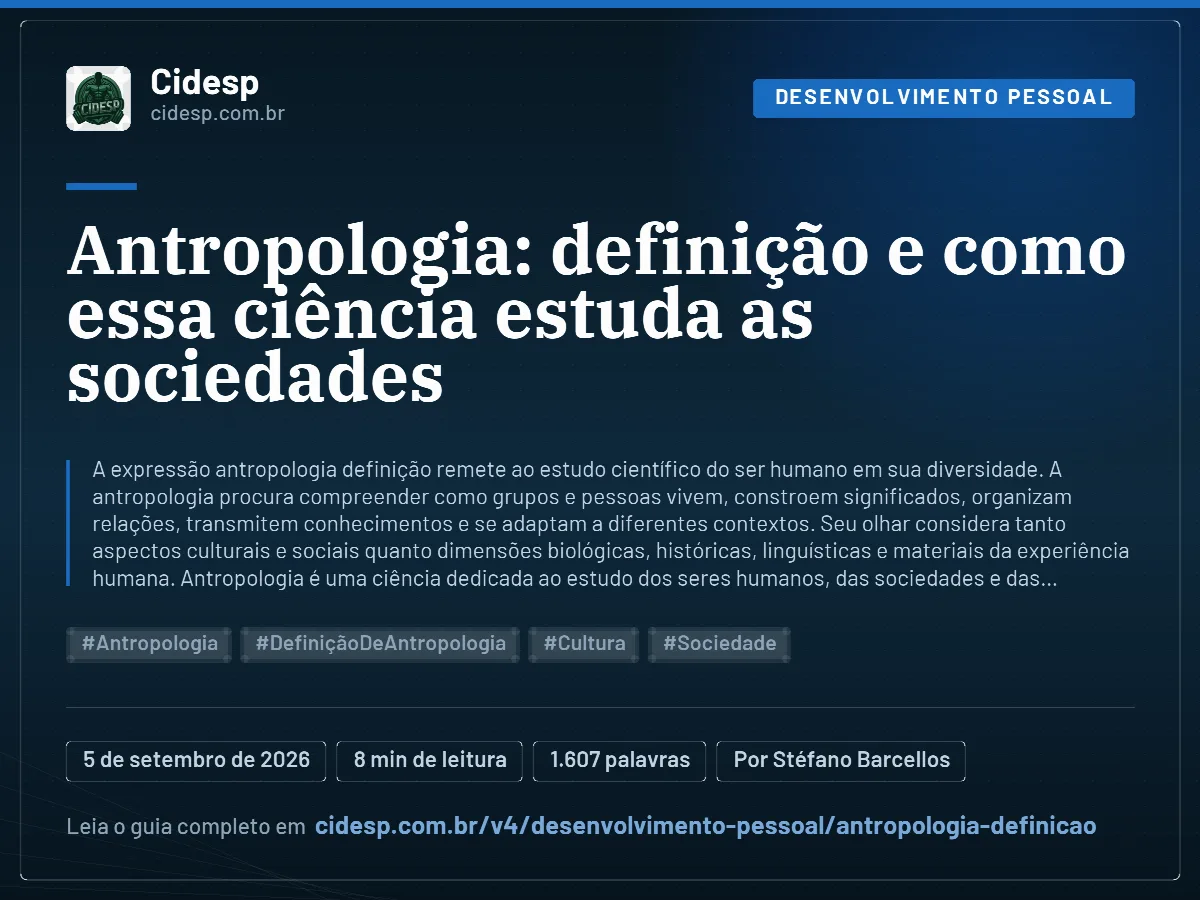Cartão do artigo “Antropologia: definição e como essa ciência estuda as sociedades”, com resumo, data de publicação e endereço da página.