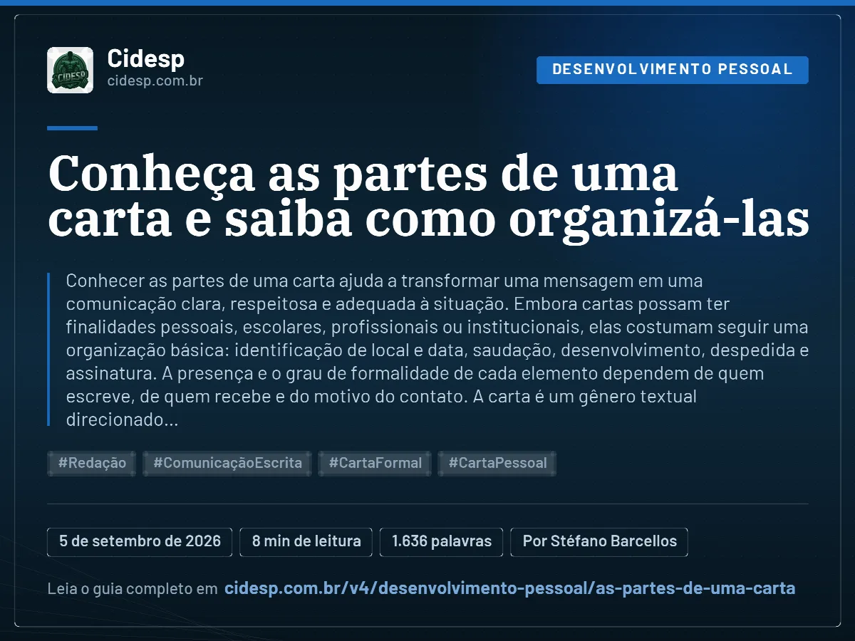 Cartão do artigo “Conheça as partes de uma carta e saiba como organizá-las”, com resumo, data de publicação e endereço da página.