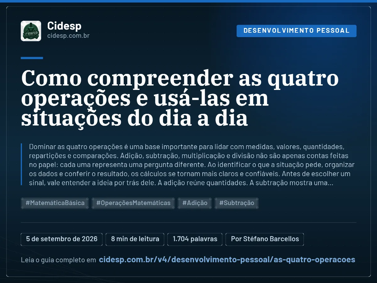 Cartão do artigo “Como compreender as quatro operações e usá-las em situações do dia a dia”, com resumo, data de publicação e endereço da página.