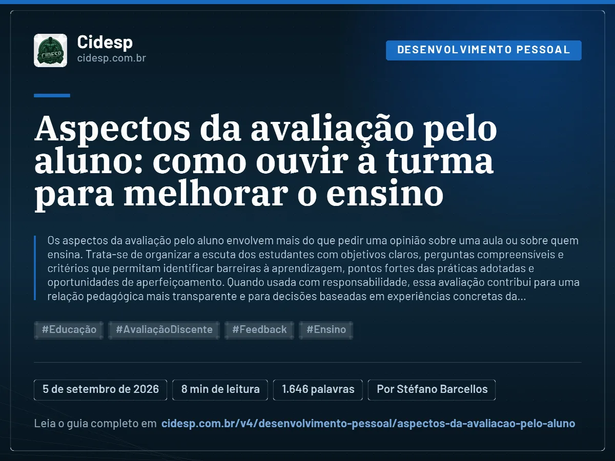 Cartão do artigo “Aspectos da avaliação pelo aluno: como ouvir a turma para melhorar o ensino”, com resumo, data de publicação e endereço da página.