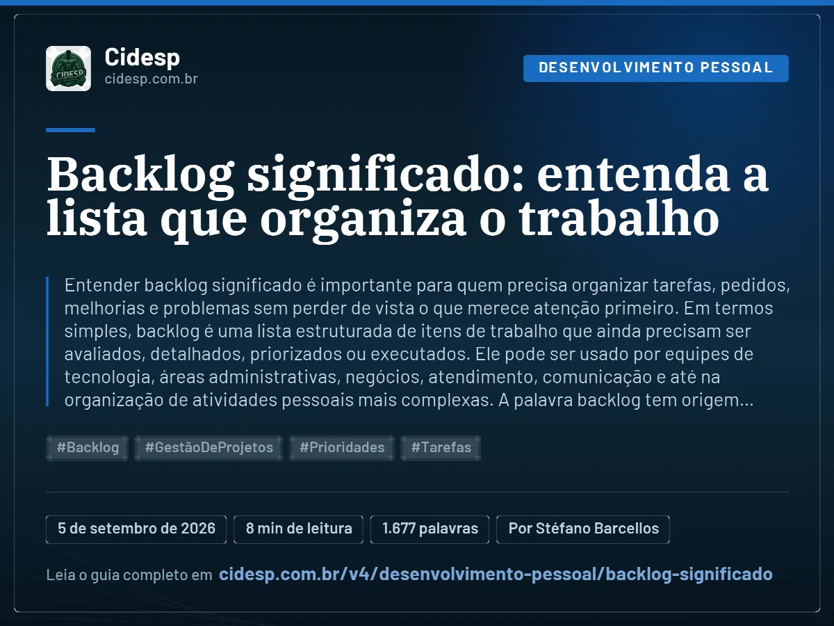 Cartão do artigo “Backlog significado: entenda a lista que organiza o trabalho”, com resumo, data de publicação e endereço da página.