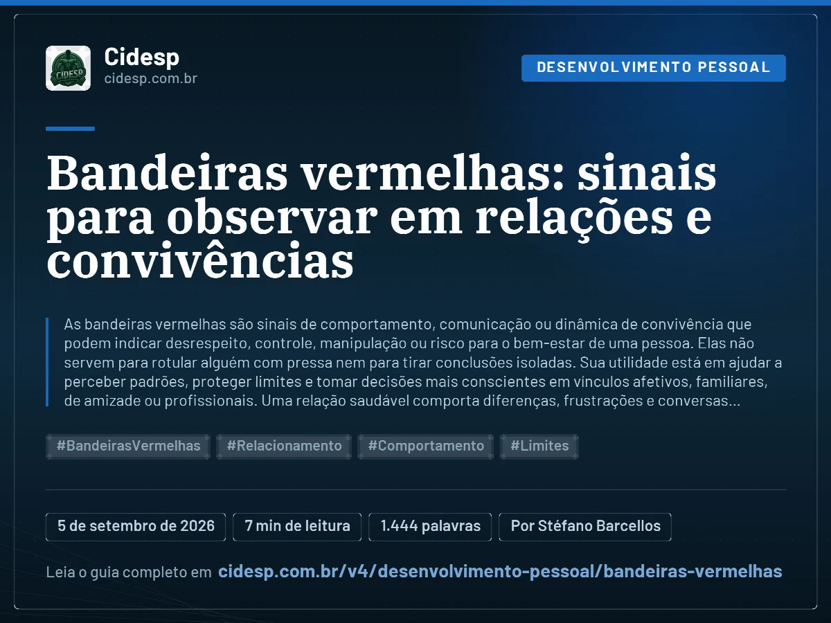 Cartão do artigo “Bandeiras vermelhas: sinais para observar em relações e convivências”, com resumo, data de publicação e endereço da página.