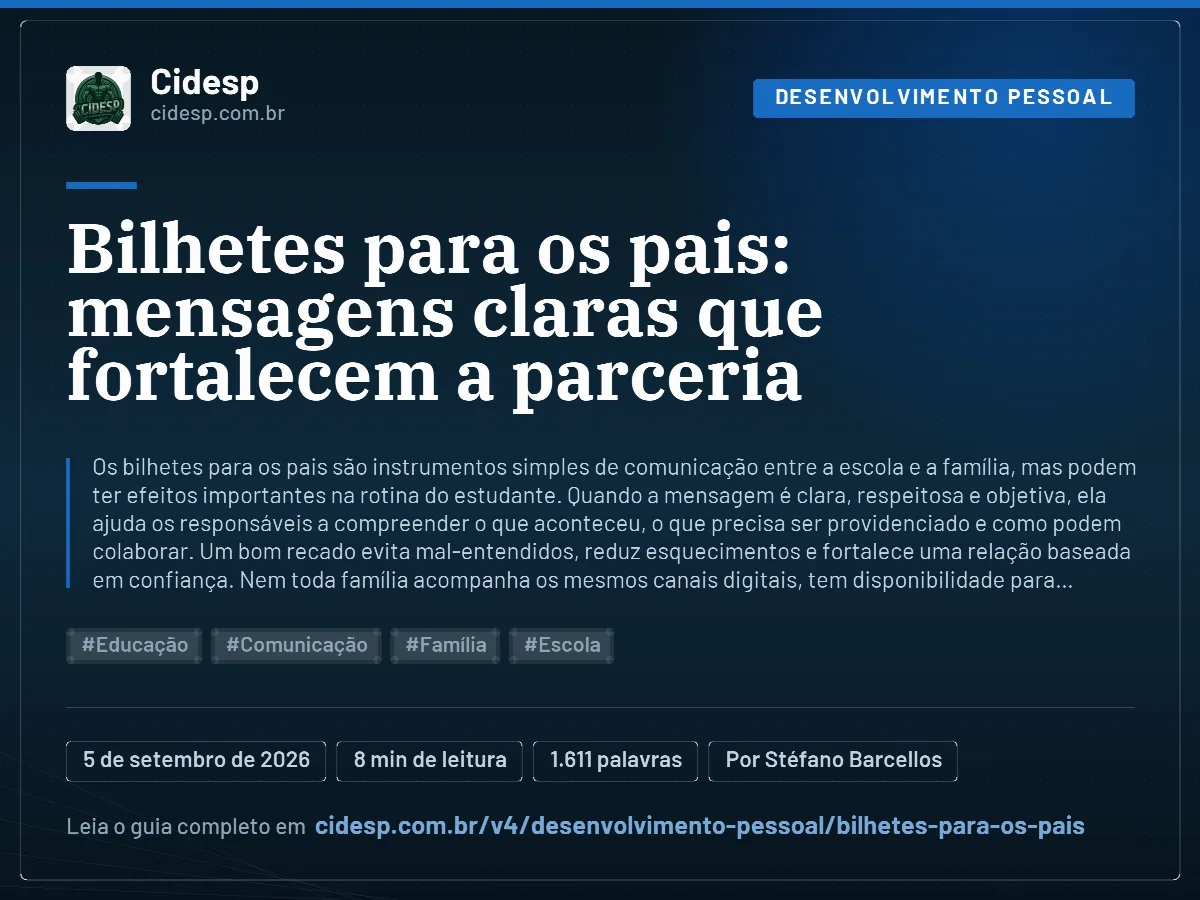 Cartão do artigo “Bilhetes para os pais: mensagens claras que fortalecem a parceria”, com resumo, data de publicação e endereço da página.