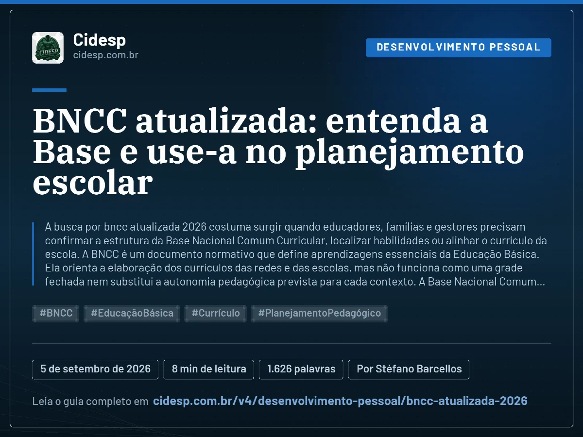 Cartão do artigo “BNCC atualizada: entenda a Base e use-a no planejamento escolar”, com resumo, data de publicação e endereço da página.