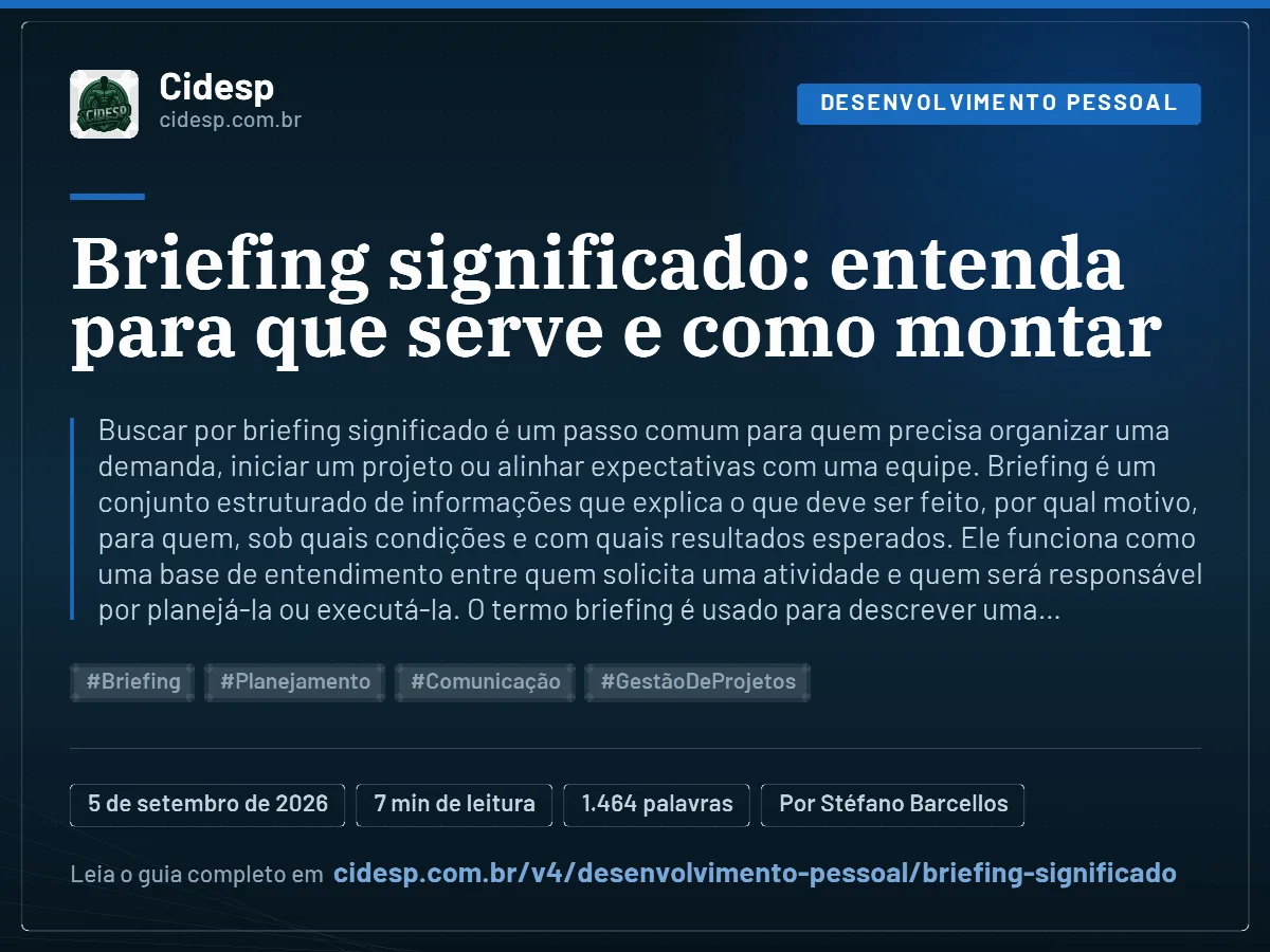 Cartão do artigo “Briefing significado: entenda para que serve e como montar”, com resumo, data de publicação e endereço da página.