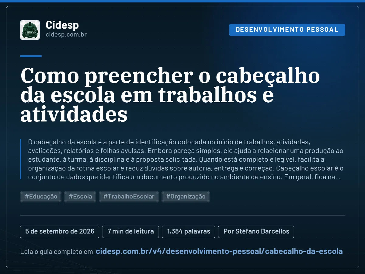 Cartão do artigo “Como preencher o cabeçalho da escola em trabalhos e atividades”, com resumo, data de publicação e endereço da página.