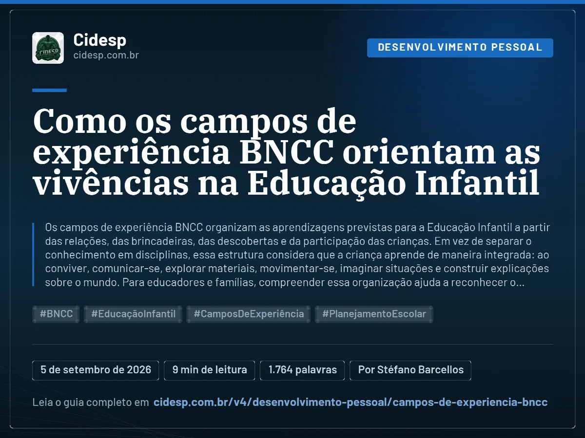 Cartão do artigo “Como os campos de experiência BNCC orientam as vivências na Educação Infantil”, com resumo, data de publicação e endereço da página.