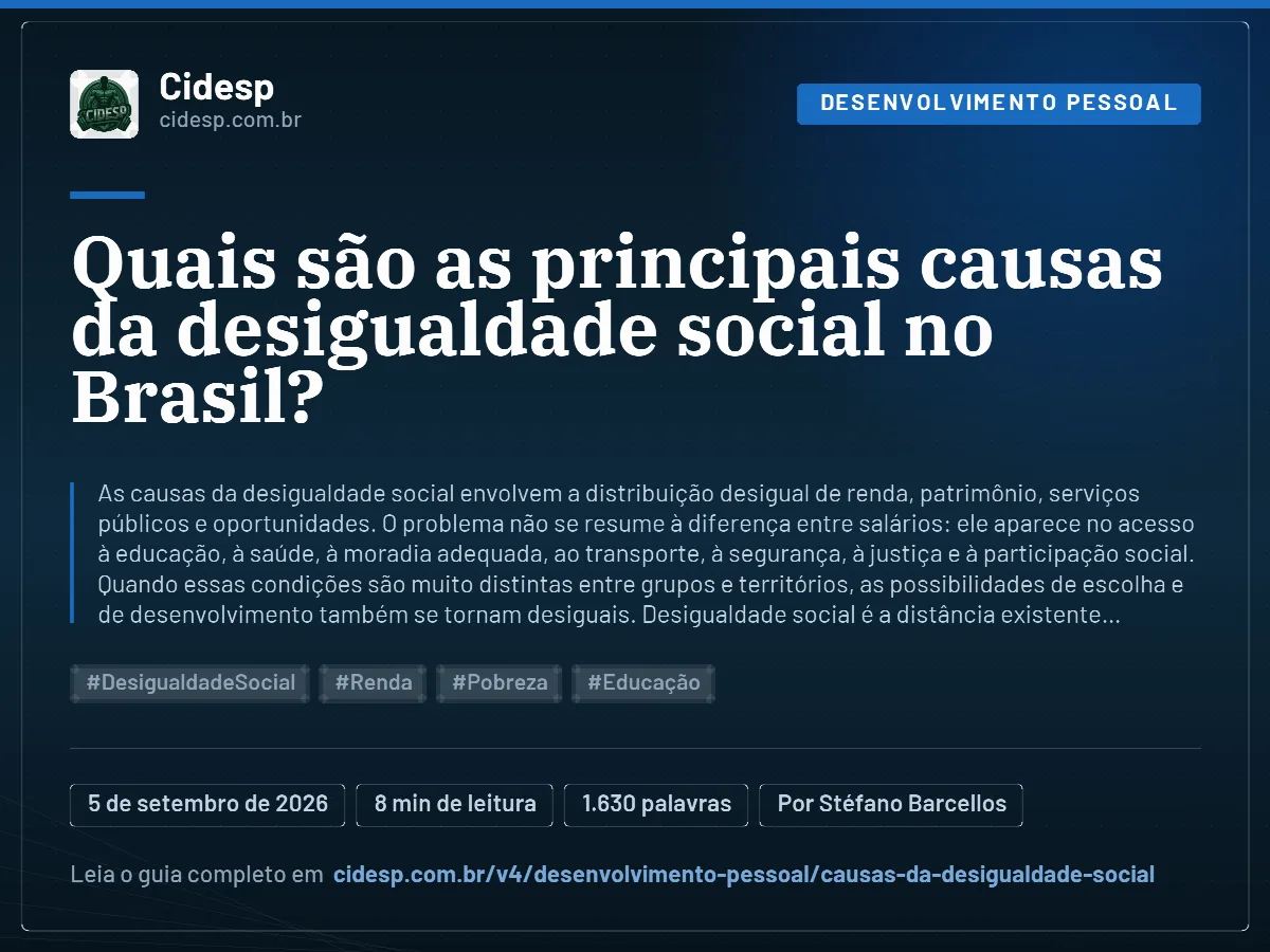 Cartão do artigo “Quais são as principais causas da desigualdade social no Brasil?”, com resumo, data de publicação e endereço da página.