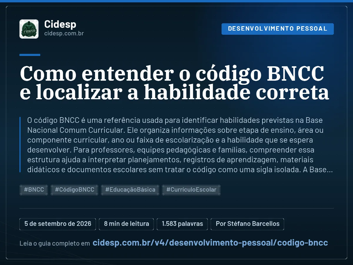 Cartão do artigo “Como entender o código BNCC e localizar a habilidade correta”, com resumo, data de publicação e endereço da página.