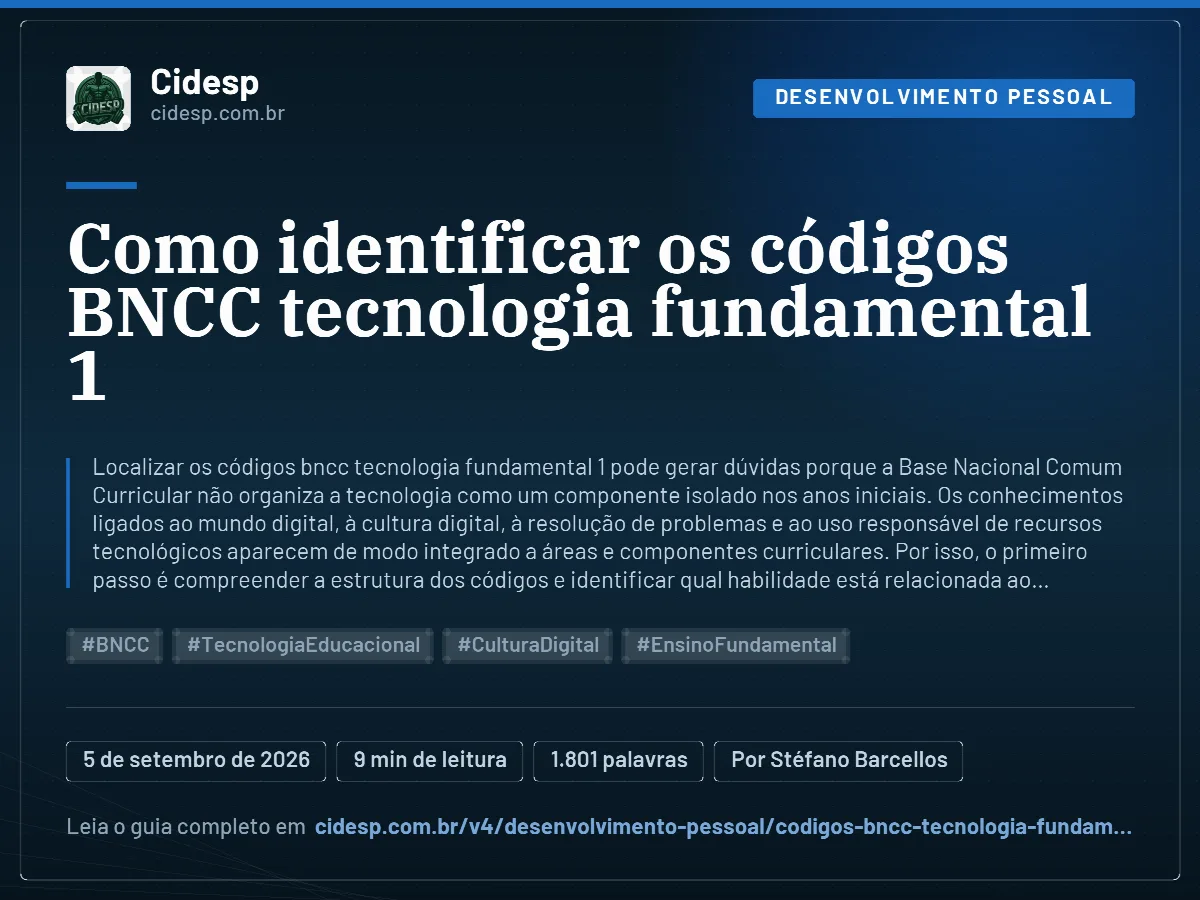 Cartão do artigo “Como identificar os códigos BNCC tecnologia fundamental 1”, com resumo, data de publicação e endereço da página.
