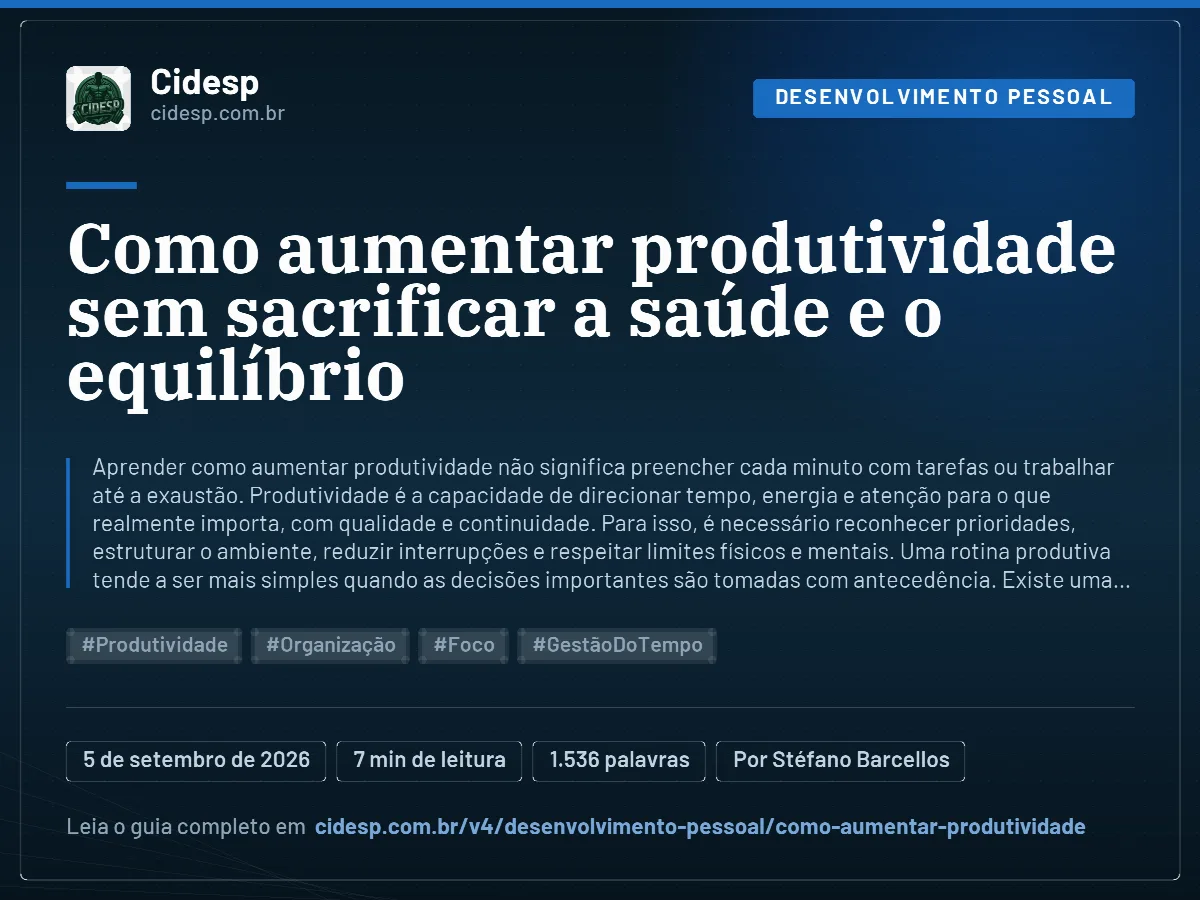 Cartão do artigo “Como aumentar produtividade sem sacrificar a saúde e o equilíbrio”, com resumo, data de publicação e endereço da página.