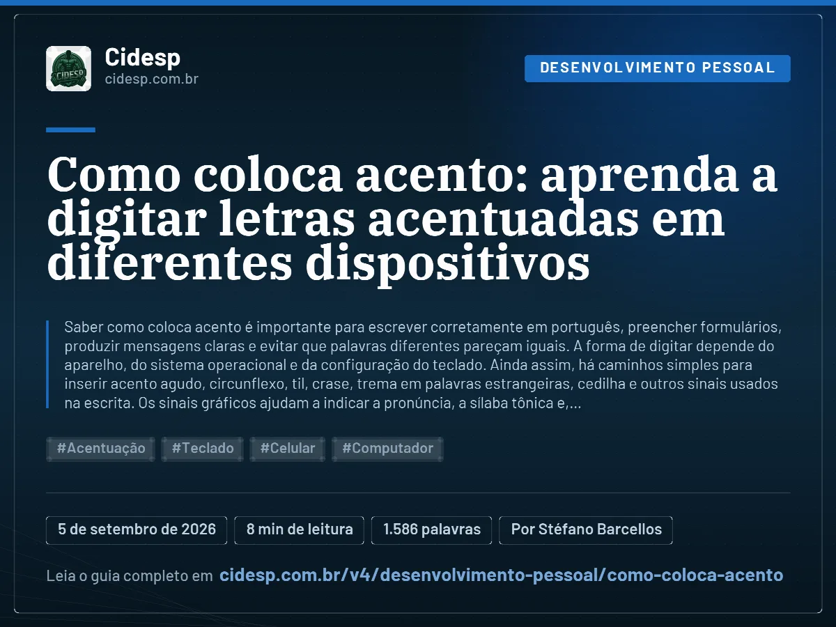 Cartão do artigo “Como coloca acento: aprenda a digitar letras acentuadas em diferentes dispositivos”, com resumo, data de publicação e endereço da página.