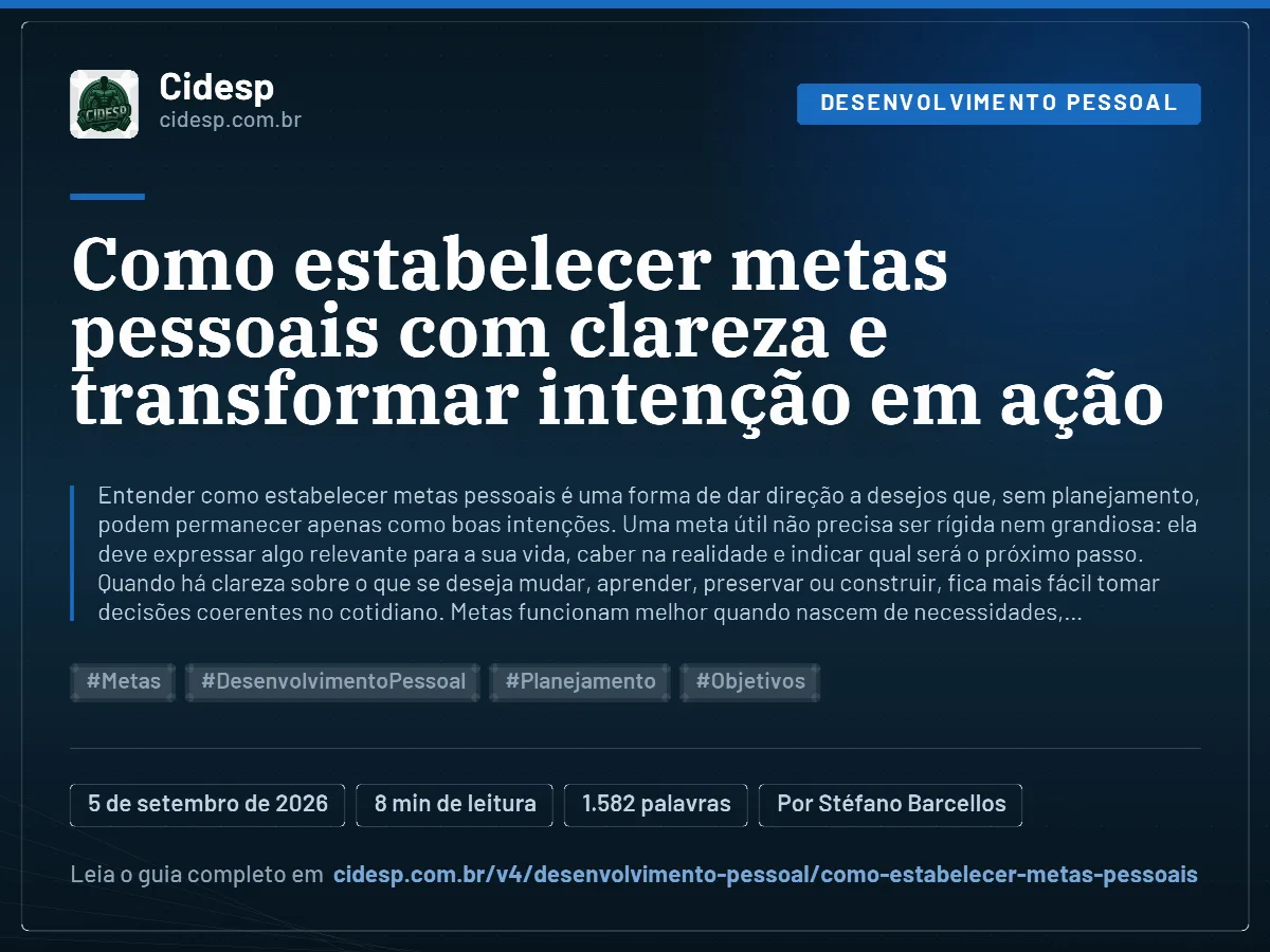 Cartão do artigo “Como estabelecer metas pessoais com clareza e transformar intenção em ação”, com resumo, data de publicação e endereço da página.